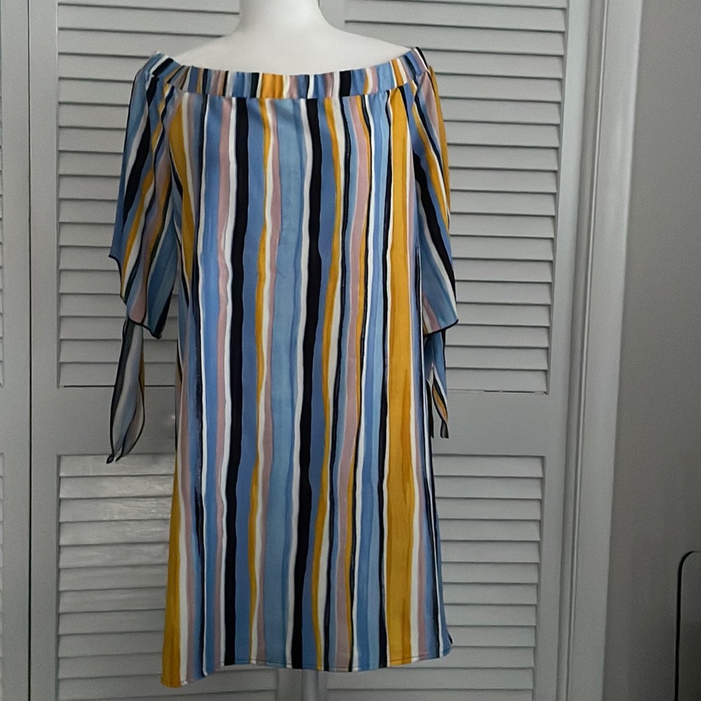 Bar III off the shoulder watercolor stripe dress.